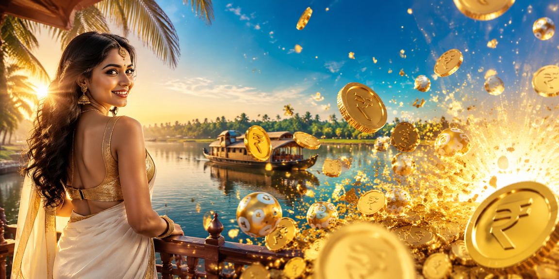 Kerala backwaters with lottery tickets and rupee notes representing local payment options